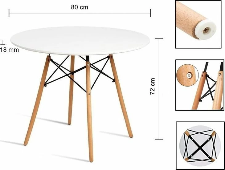 Tavolinë e rrumbullakët Mufart ETT 80cm, MDF, këmbë ahu, e bardhë