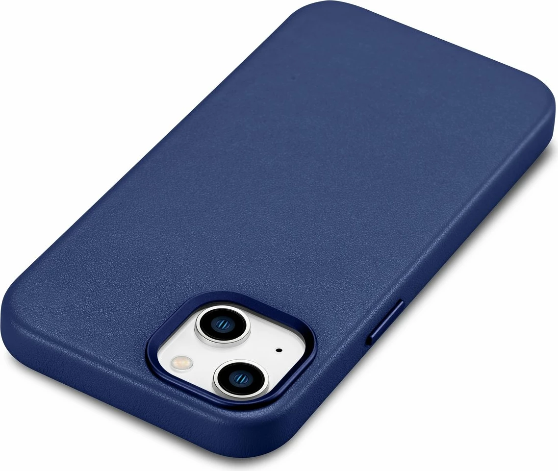 Mbështjellës iCarer për iPhone 14 Plus, lëkurë natyrale, MagSafe, Kaltër