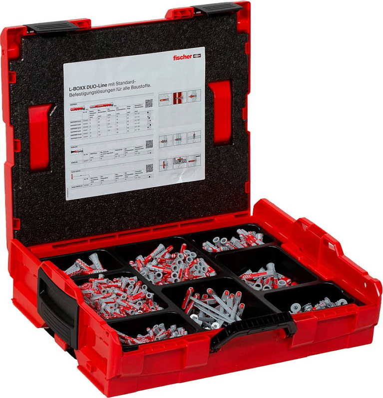 Set dübelash Fischer L-BOXX DuoPower, 833 copë, i rrumbullakët, kuqe