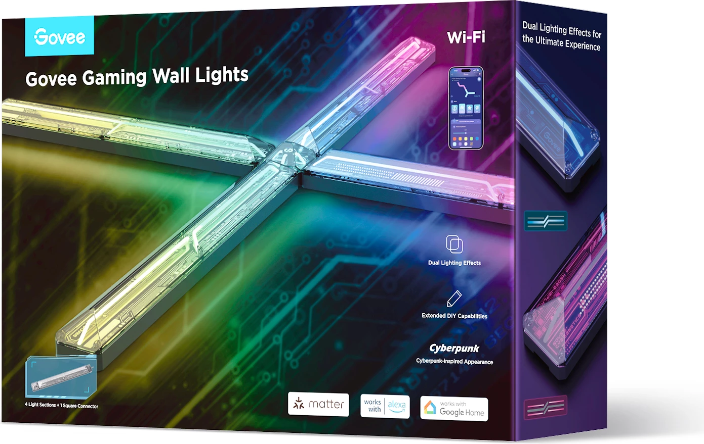 Drita muri gaming Govee Gaming Wall Lights, Wi‑Fi, 16 milion ngjyra, sinkronizim me muzikë, set 4+1
