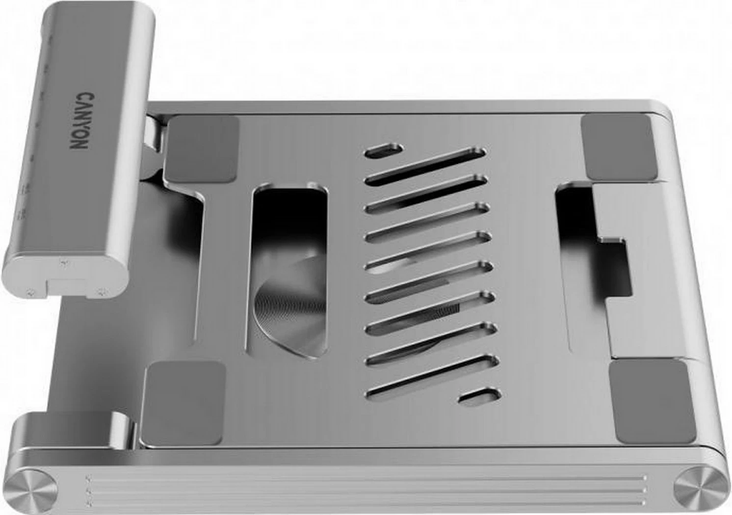 Kasë laptopi Canyon me hub HDMI, 2xUSB, RJ45, rregullim lartësie, argjendtë