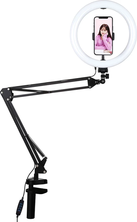 Ring light Puluz PKT3090B me stativ tavoline dhe kapëse telefoni, 26cm, LED, e bardhë