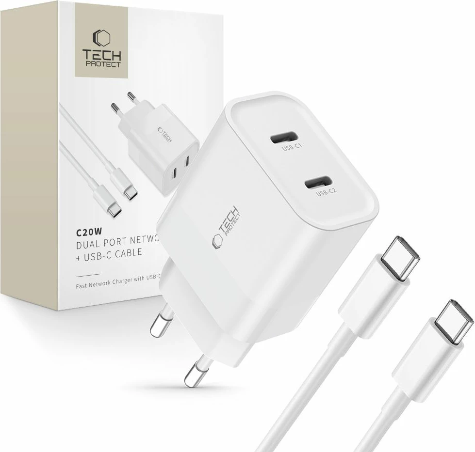Karikues murit Tech-Protect C20W me 2 porta USB-C PD 20W dhe kabllo USB-C, Bardhë
