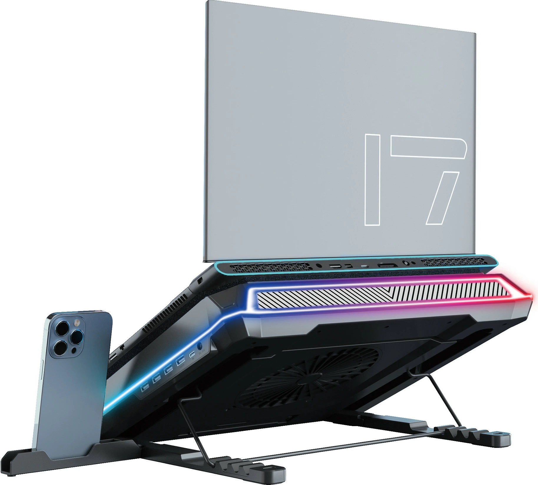 Kuler për laptop Conceptronic, USB-C, RGB, me mbajtëse telefoni, 12V