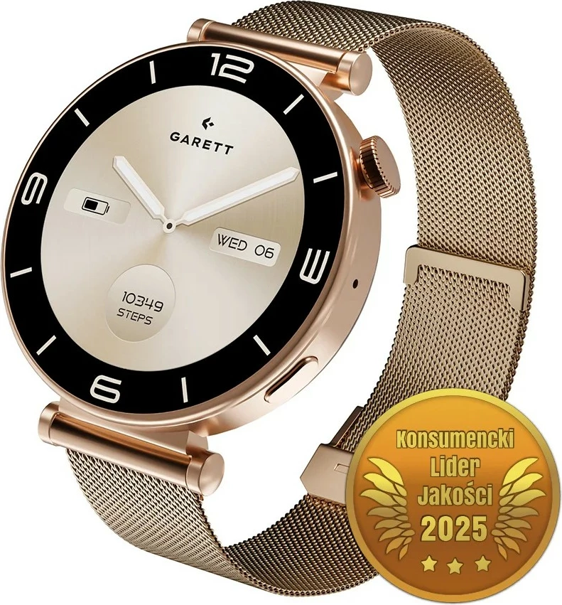 Smartwatch Garett Rose, AMOLED 1.32", 466x466, IP67, Bluetooth thirrje, bateri 260 mAh, ari rozë (mesh), set me rrip mesh + rrip lëkure