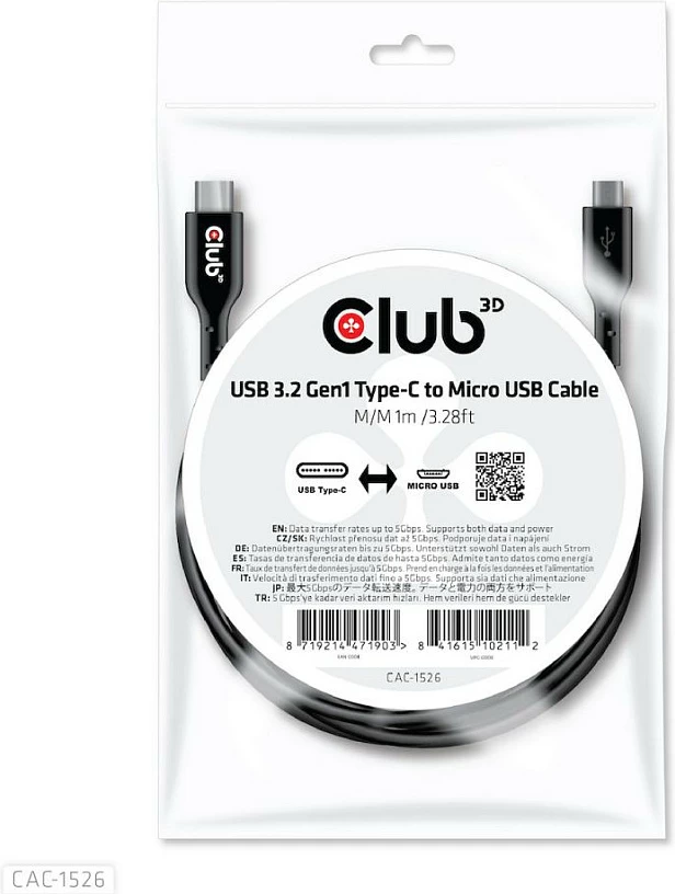 Kabllo USB Club3D USB-C në Micro-USB B 1m, e zezë