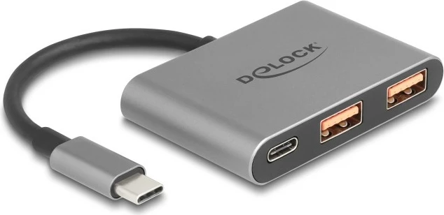 USB hub DeLOCK 3 porta, Type-C në 1x Type-C + 2x Type-A, 10 Gbps, gri