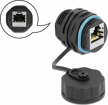 Lidhës RJ45 DeLOCK, femër-në-femër, Cat.6A, i papërshkueshëm nga uji, i zi