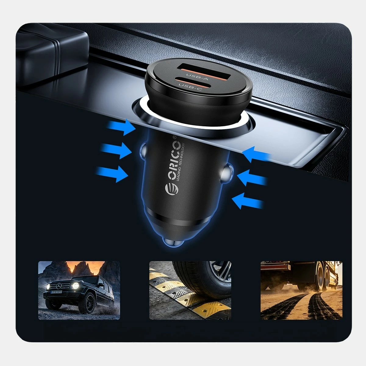 Karikues veture Orico PD 65W, USB-C, USB-A, zi