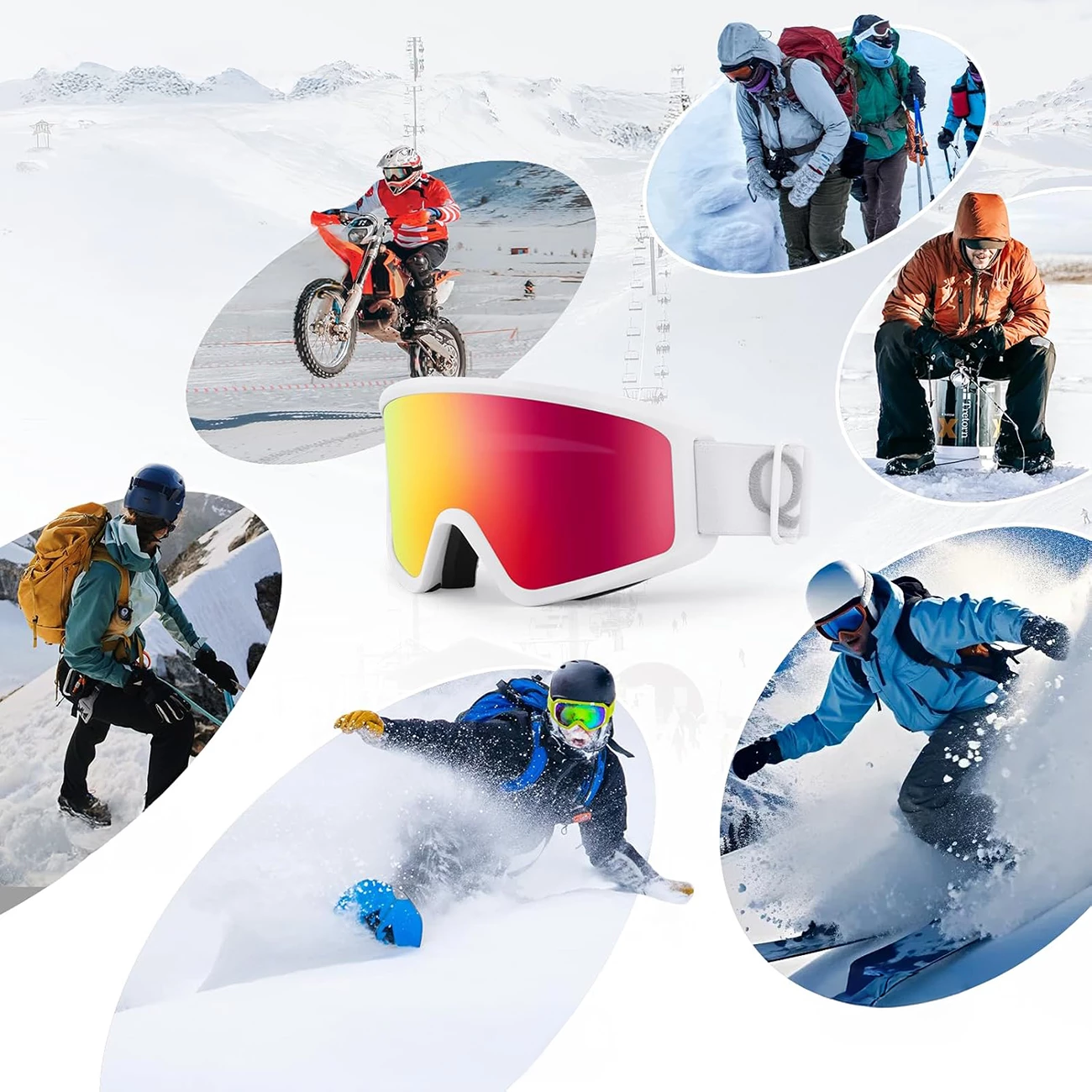 Syze skijimi Qunature White për të rritur, lente të kuqe, të bardha