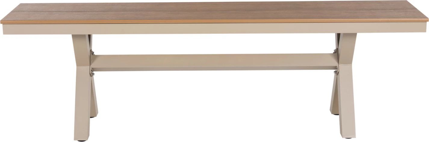 Stol alumini, ngjyrë shampanjë, sipërfaqe tavoline polivudi, ngjyrë druri natyral, 150x36x45H cm