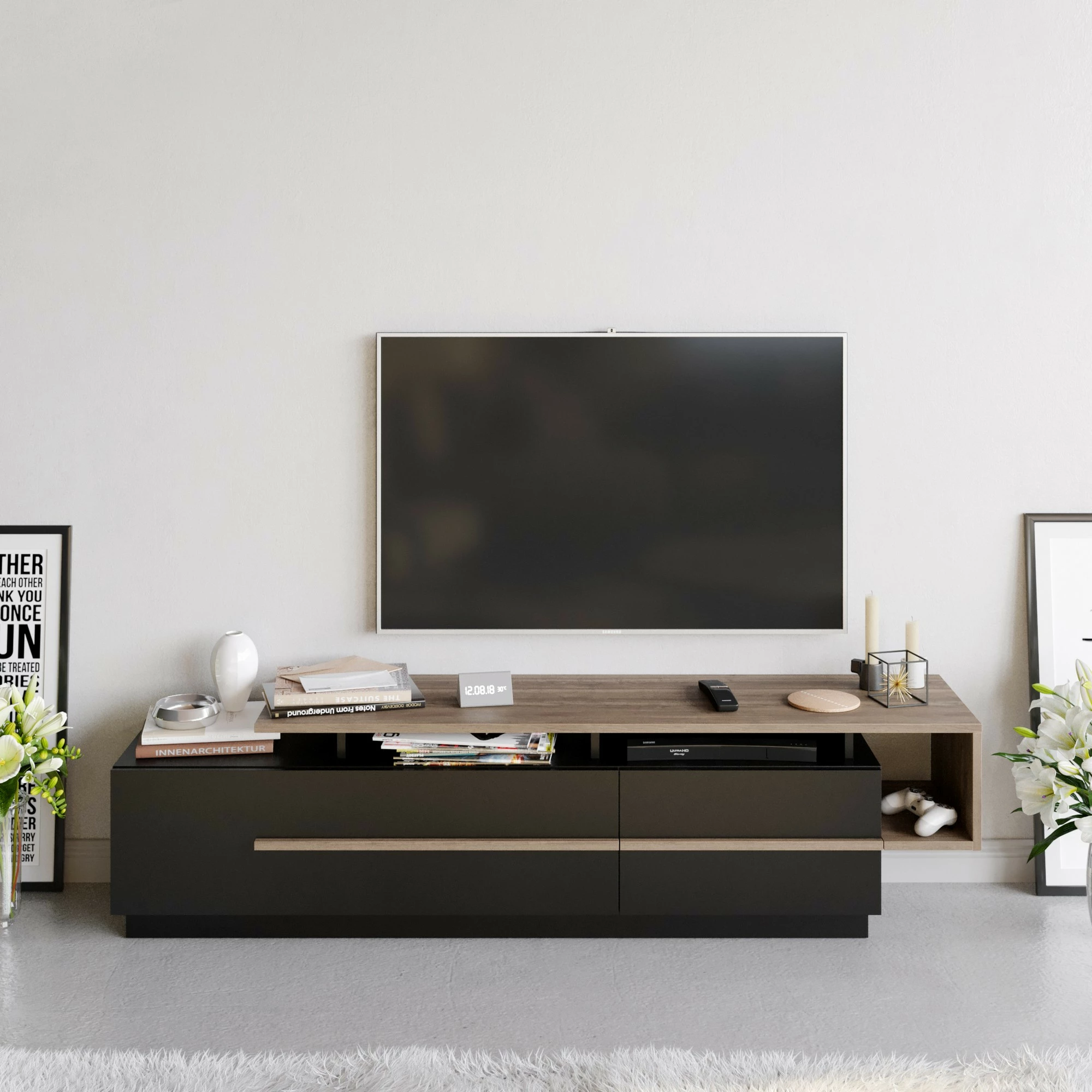 Komodë TV Hanah Home, Pia, e zezë dhe arre