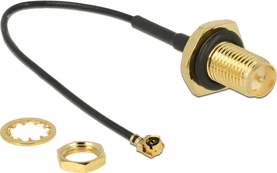Kabllo antene DeLOCK 89584, RP-SMA (M) straight në MHF (F) këndore, 10 cm, 50Ω, e zezë/ari