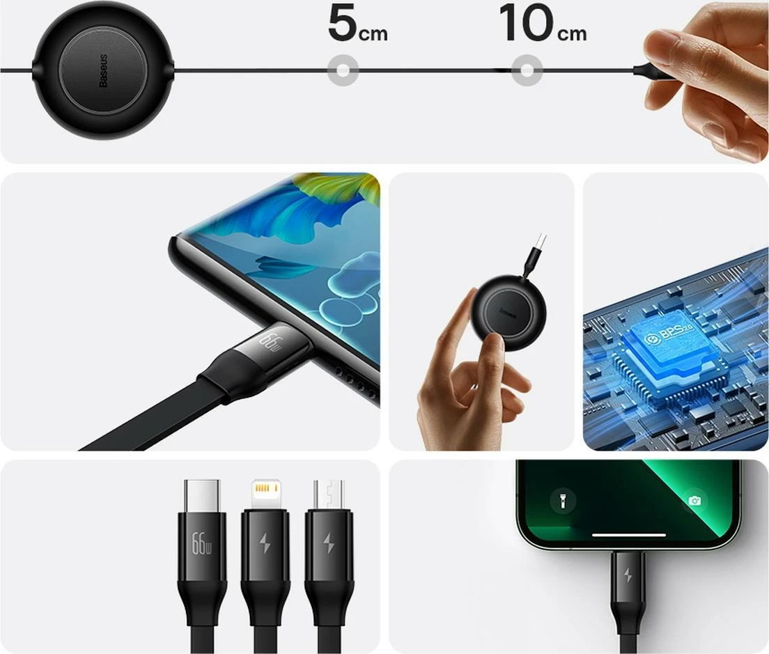 Kabllo USB Baseus Bright Mirror 2 CAMJ010101 3-në-1 retraktile 1.1 m 66W USB-A në USB-C/microUSB/Lightning, e zezë