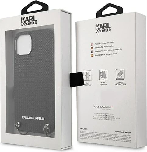 Mbështjellës Karl Lagerfeld KLHCP13SPMK për iPhone 13 mini 5.4\", hardcase, eco lëkurë me teksturë, me zinxhir, i zi