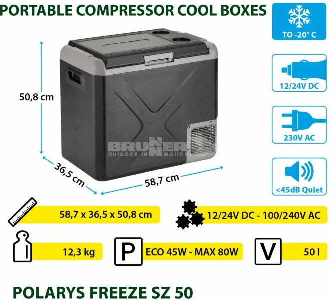 Frigorifer portativ/ftohës-ngrirës me kompresor BRUNNER POLARYS FREEZE SZ 50 50L, -20°C, 45W, 12/24V DC + 100-240V AC, 0826054N