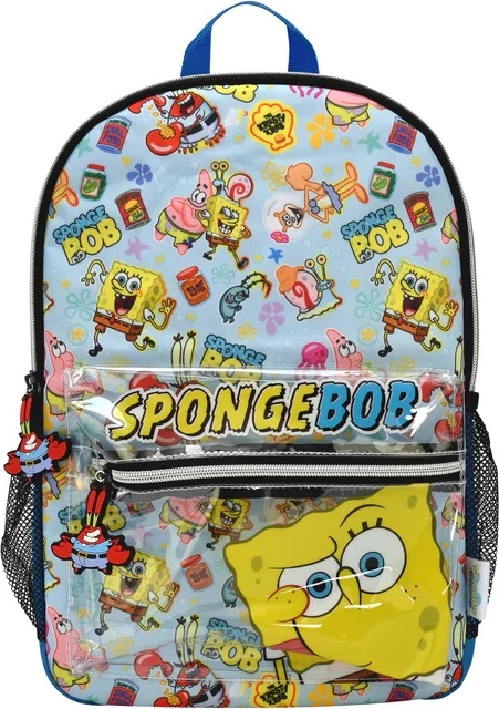 Çantë shpine Blue Sky SpongeBob Core, e madhe, najlon, xhep frontal PVC me zinxhir, xhepa anësorë rrjetë, shumëngjyrëshe
