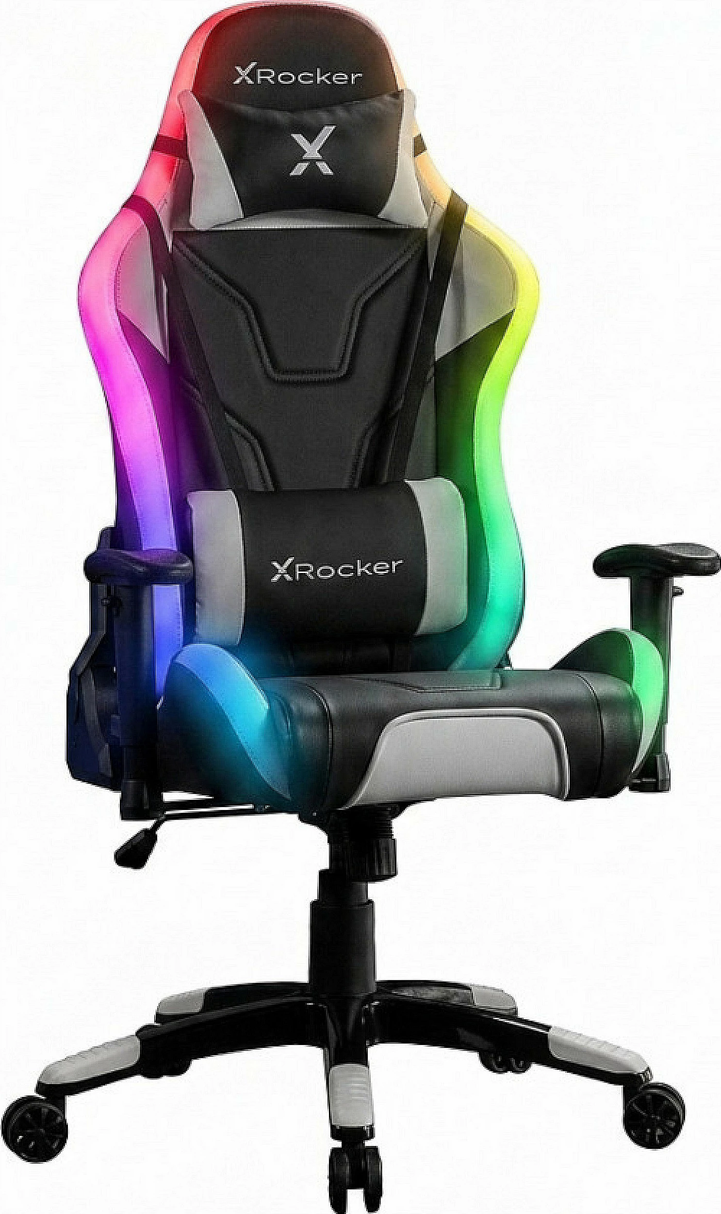 Karrige gaming Xrocker, LED RGB, krahë 3D, rrotullim 360°, jastëk qafe dhe mesi, e zezë/gri