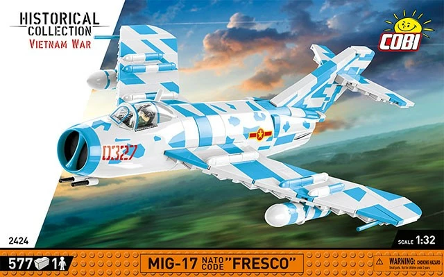 Set ndërtimi Cobi Klocki MiG-17 Fresco, Historical Collection, 577 pjesë, me figurë piloti, Kamuflazh blu-bardhë
