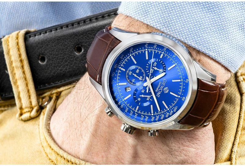 Orë dore kronograf për meshkuj Giewont GW7650-A5, e kaltër/argjendtë, rrip lëkure kafe