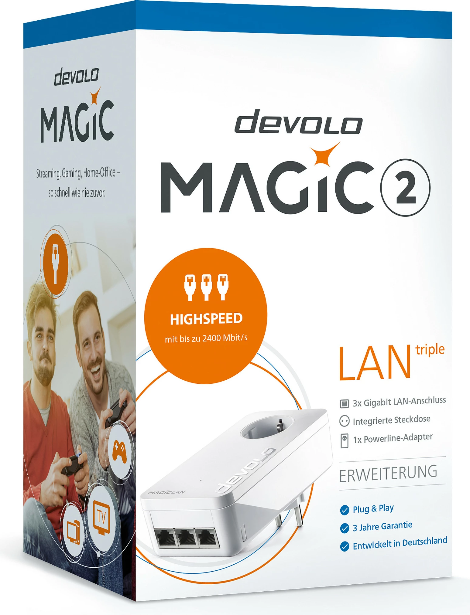 Adapter Powerline Devolo Magic 2 LAN Triple, 2400 Mbit/s, 3x Gigabit LAN, prizë e integrume, e bardhë