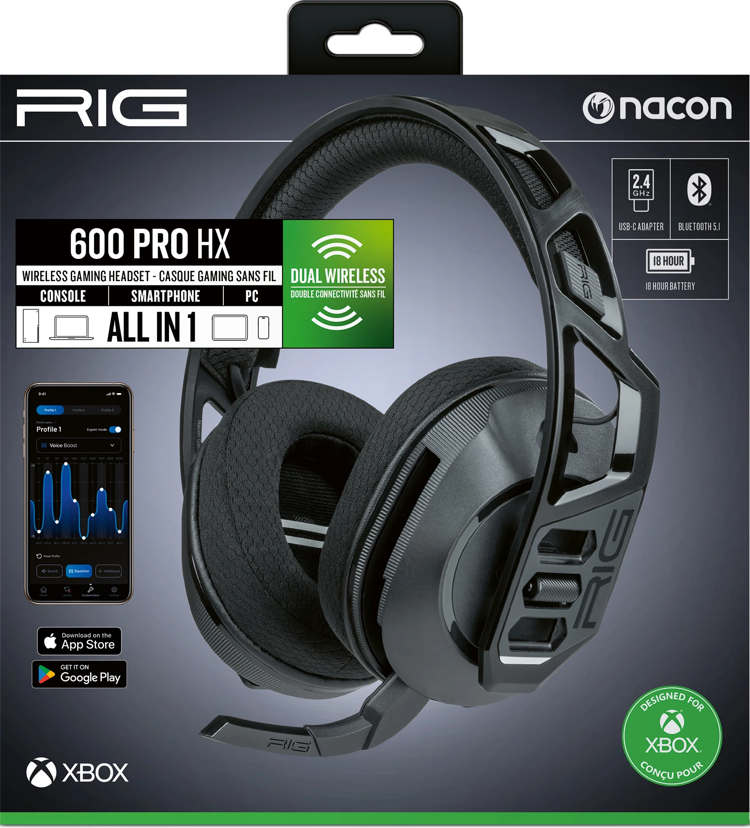 Kufje gaming Nacon RIG 600 Pro HX, wireless, over-ear, surround sound, Bluetooth 5.1/2.4GHz USB-C, 40mm, mikrofon me anulim zhurme, e zeza