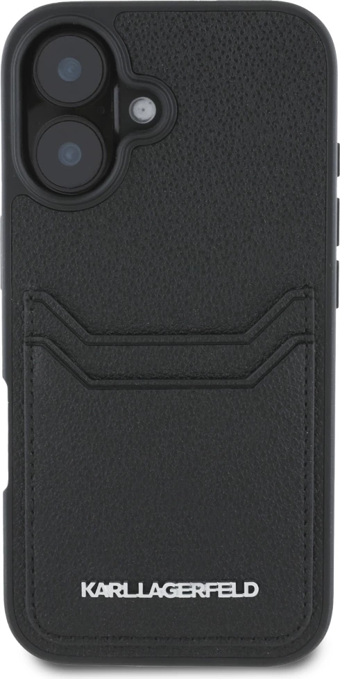 Mbështjellës Karl Lagerfeld HC Grained PU Cardslot Metal Elong për iPhone 16, e zezë