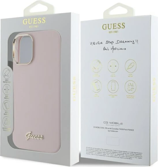 Mbështjellës Guess Silicone Script Metal Logo & Frame për iPhone 16 Plus, Rozë