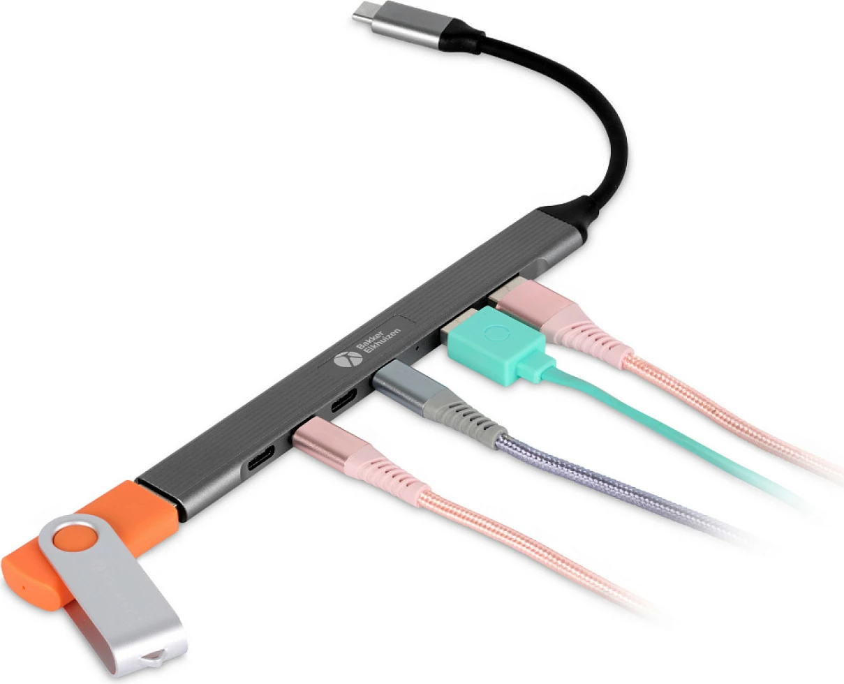 USB-C hub BakkerElkhuizen 7-në-1, 3x USB-A + 4x USB-C, 5 Gbps, aluminium, gri/zi