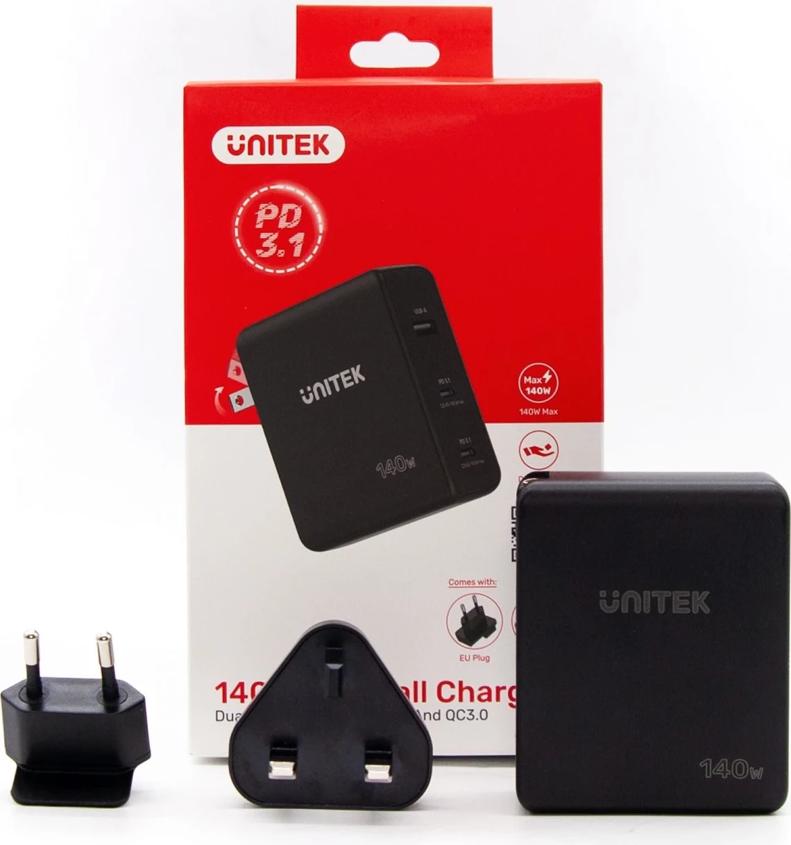 Karikues Unitek GaN me 3 porta, 140W, ngjyrë e zezë