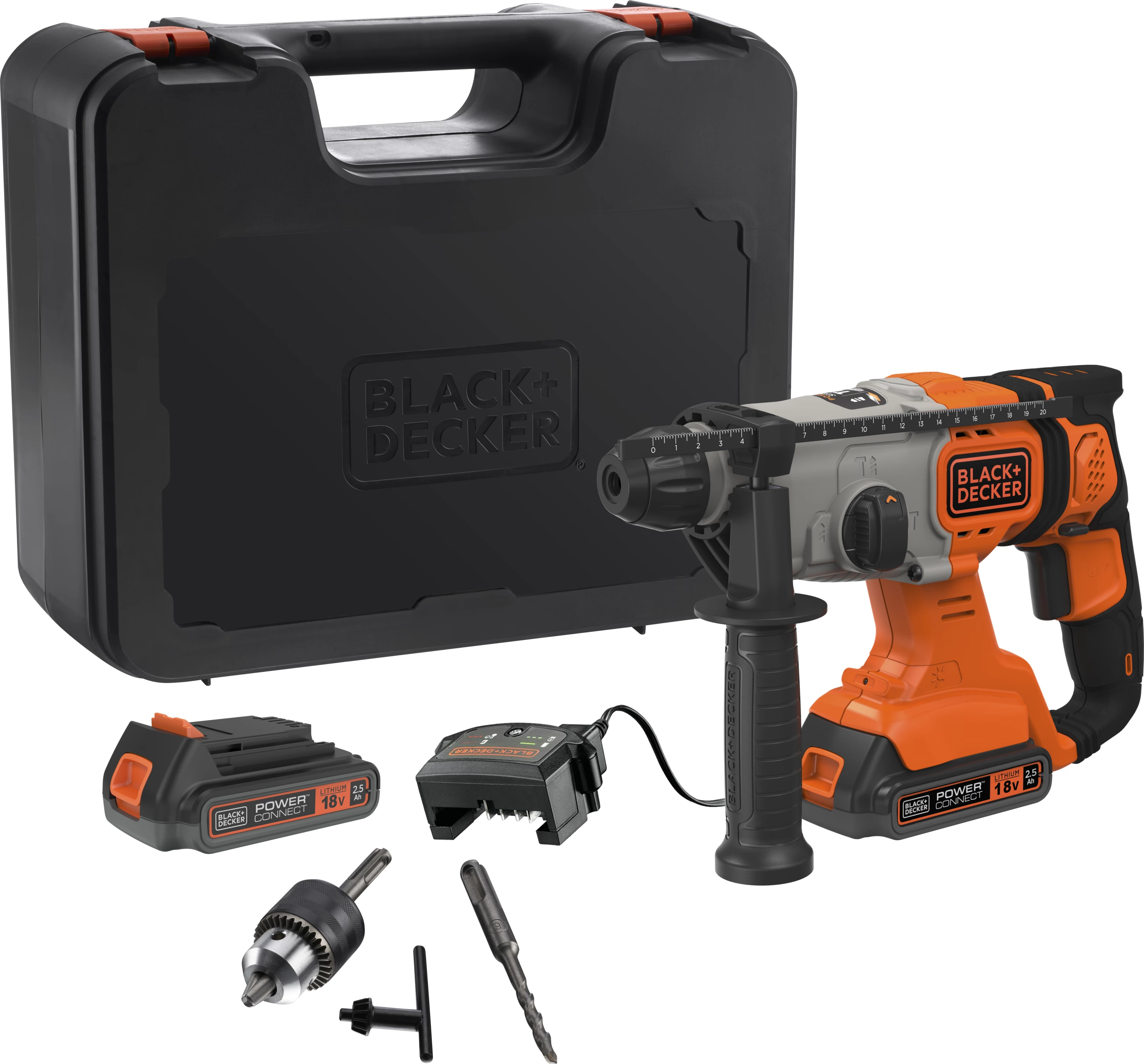 Burmashinë goditëse me bateri Black&Decker BCD900E2K, 18V, SDS+, 2x 2.5Ah, e zezë/portokalli, set