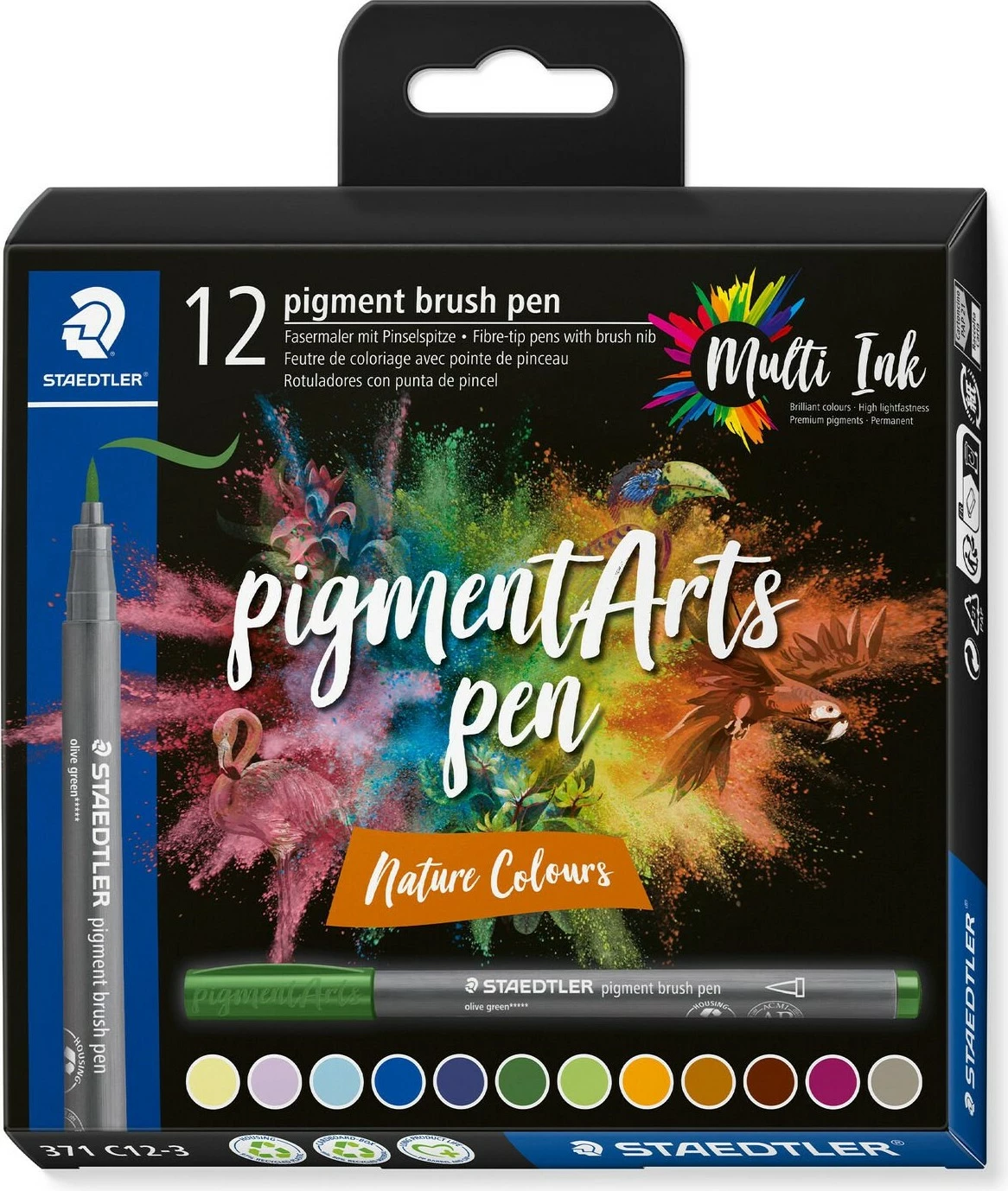 Set brush pen STAEDTLER Pigment Arts, 12 ngjyra, ujë-bazë, plastikë, multikolor