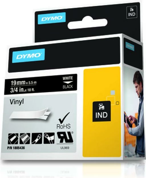 Shirit etiketimi vinyl, Dymo, Rhino Coloured Vinyl 1805436, 19mm x 5.5m, e bardhë/tekst i zi