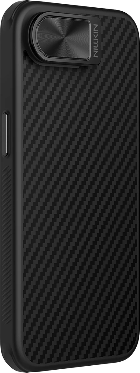 Mbështjellës Nillkin CarboProp Magnetic për iPhone 16e/17e, me MagSafe, mbulesë kamere + stand, i zi