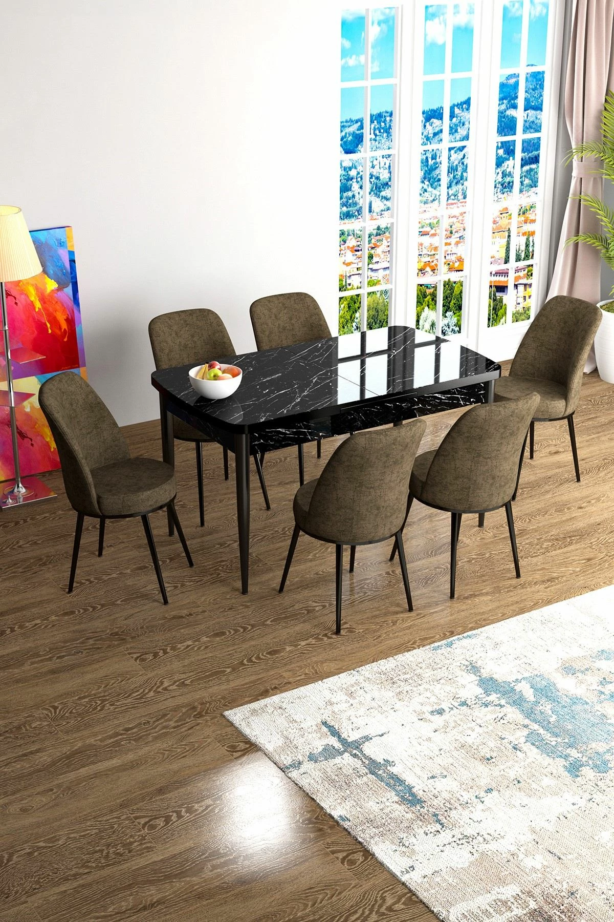 Tavolinë me karrige për ngrënie, e zgjatshme, 7 copë, Skye Decor, mermer i zi, kafe