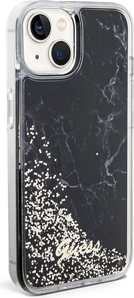 Mbështjellës Guess Liquid Glitter Marble për iPhone 14, i zi