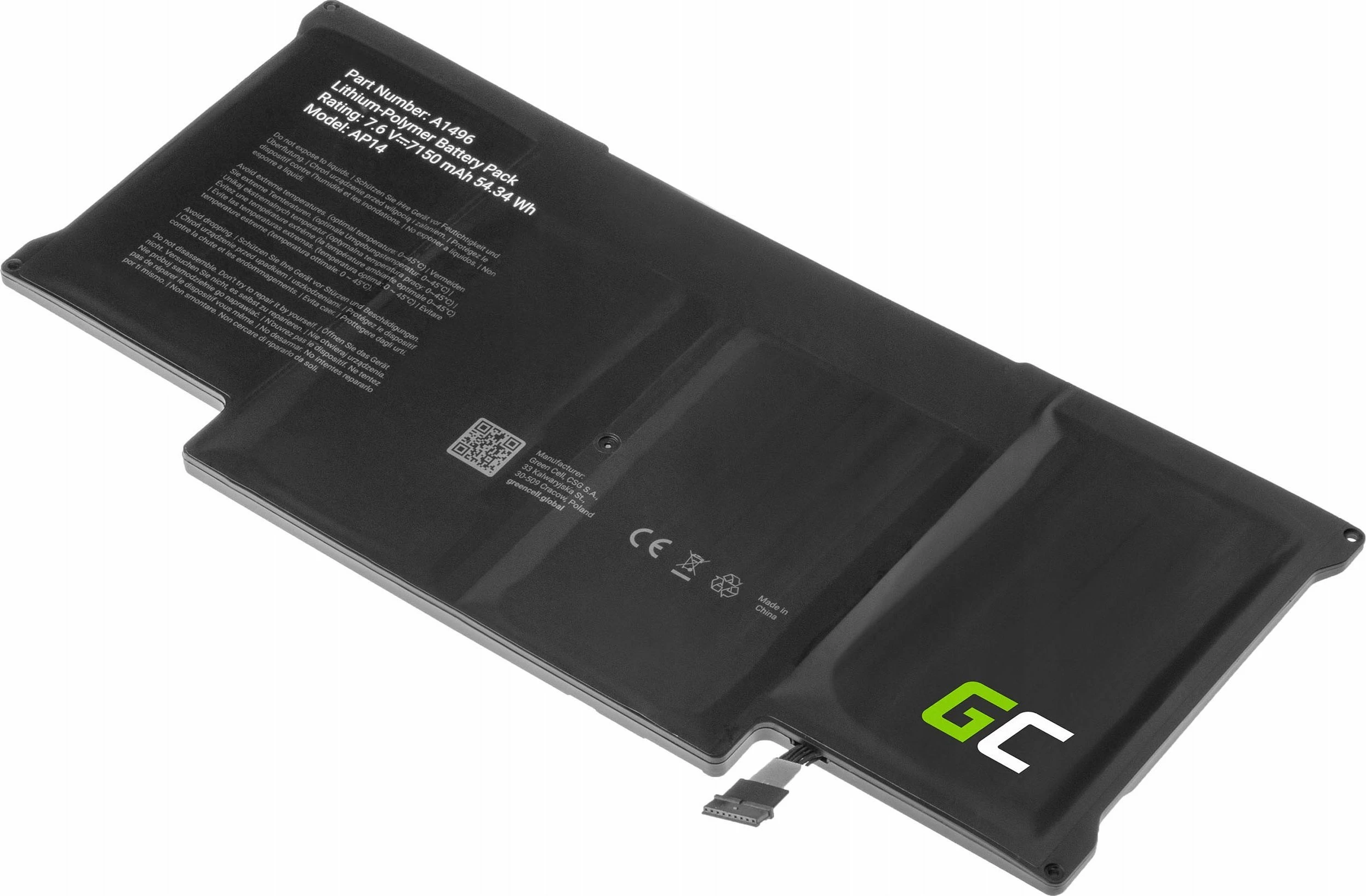 Bateri zëvendësuese Green Cell AP14WX 55Wh 7.6V 7200mAh për Apple MacBook Air 13 (A1369/A1466), e zezë