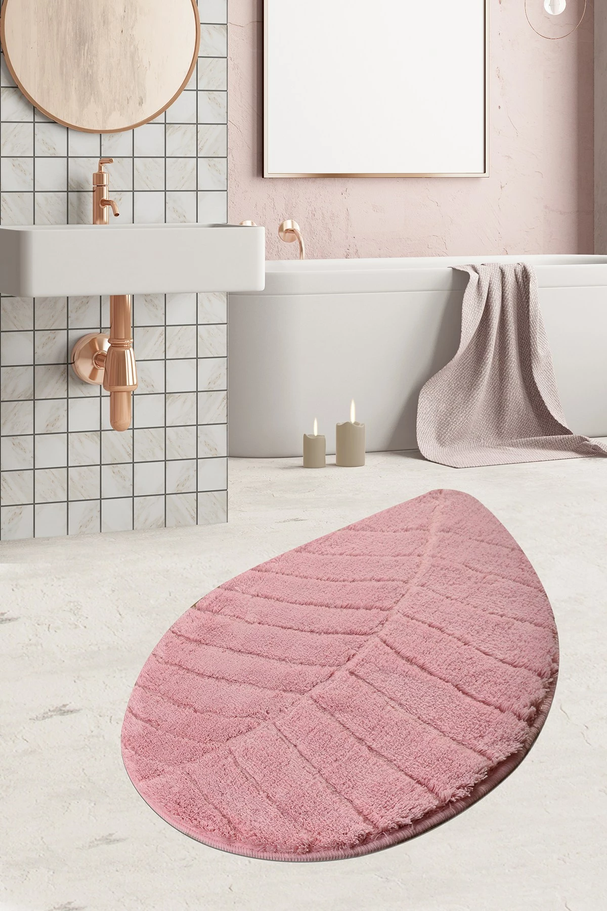 Tapet akrilik për banjo, formë gjetheje, ngjyrë rozë, 60x100cm