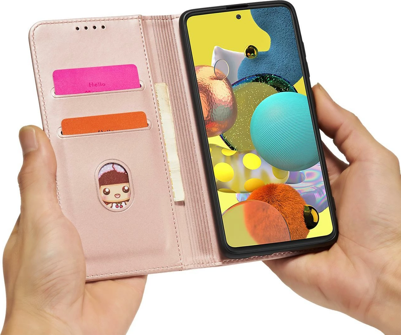 Mbështjellës Hurtel Magnet Card Case për Samsung Galaxy A12 5G, me kapak, portofol, rozë