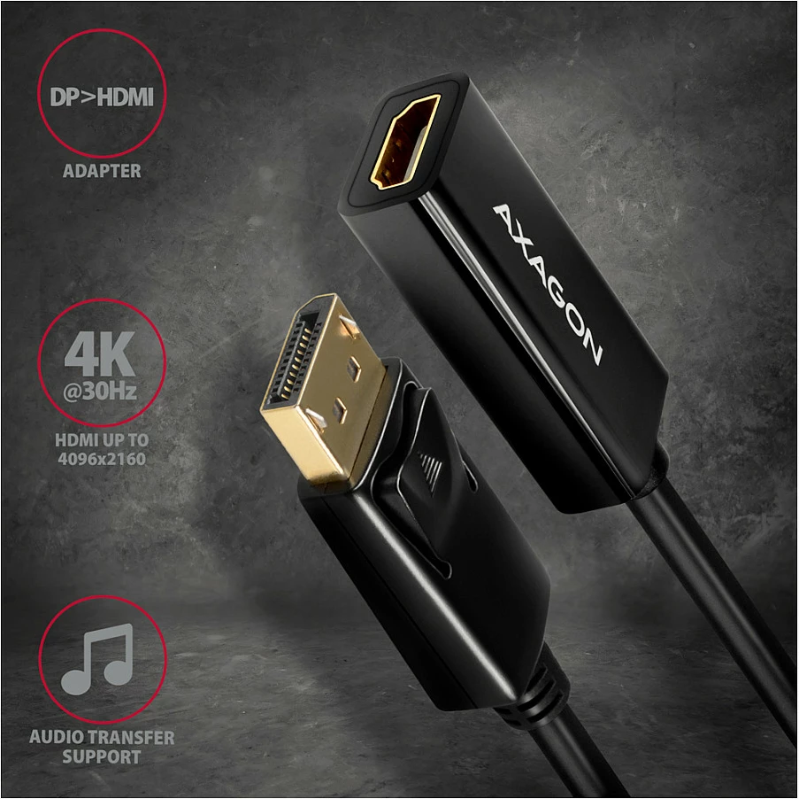 Adapter DisplayPort në HDMI Axagon RVD-HI14N, 4K/30Hz, i zi