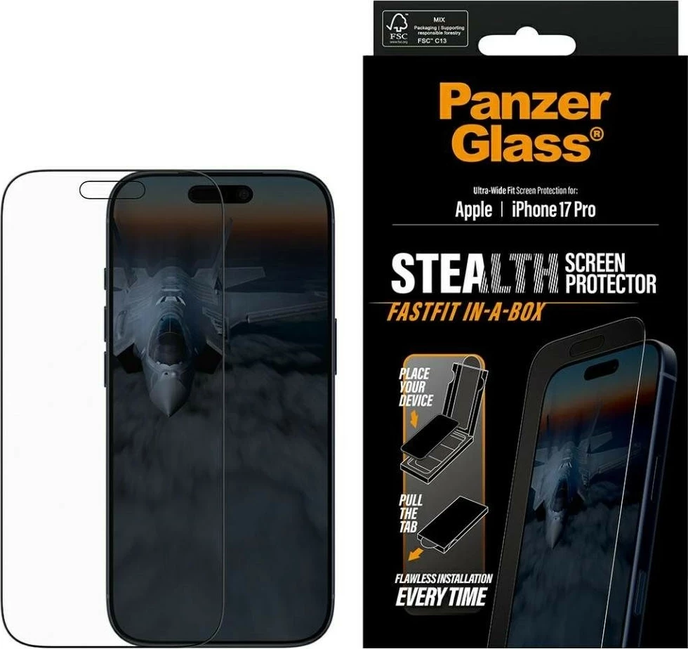 Mbështjellës xhami PanzerGlass Stealth Ultra-Wide Fit Fastfit për iPhone 17 Pro transparent