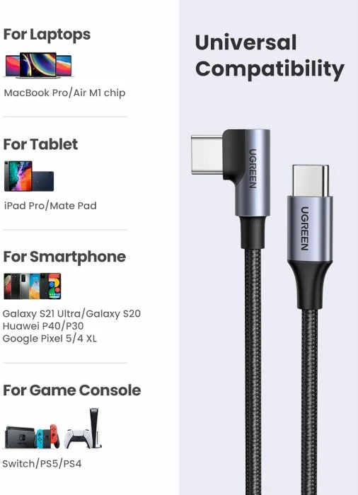 kabllo USB-C në USB-C UGREEN 50125, 60W, 2m, kënd 90°, e thurur najloni, e zezë/argjend