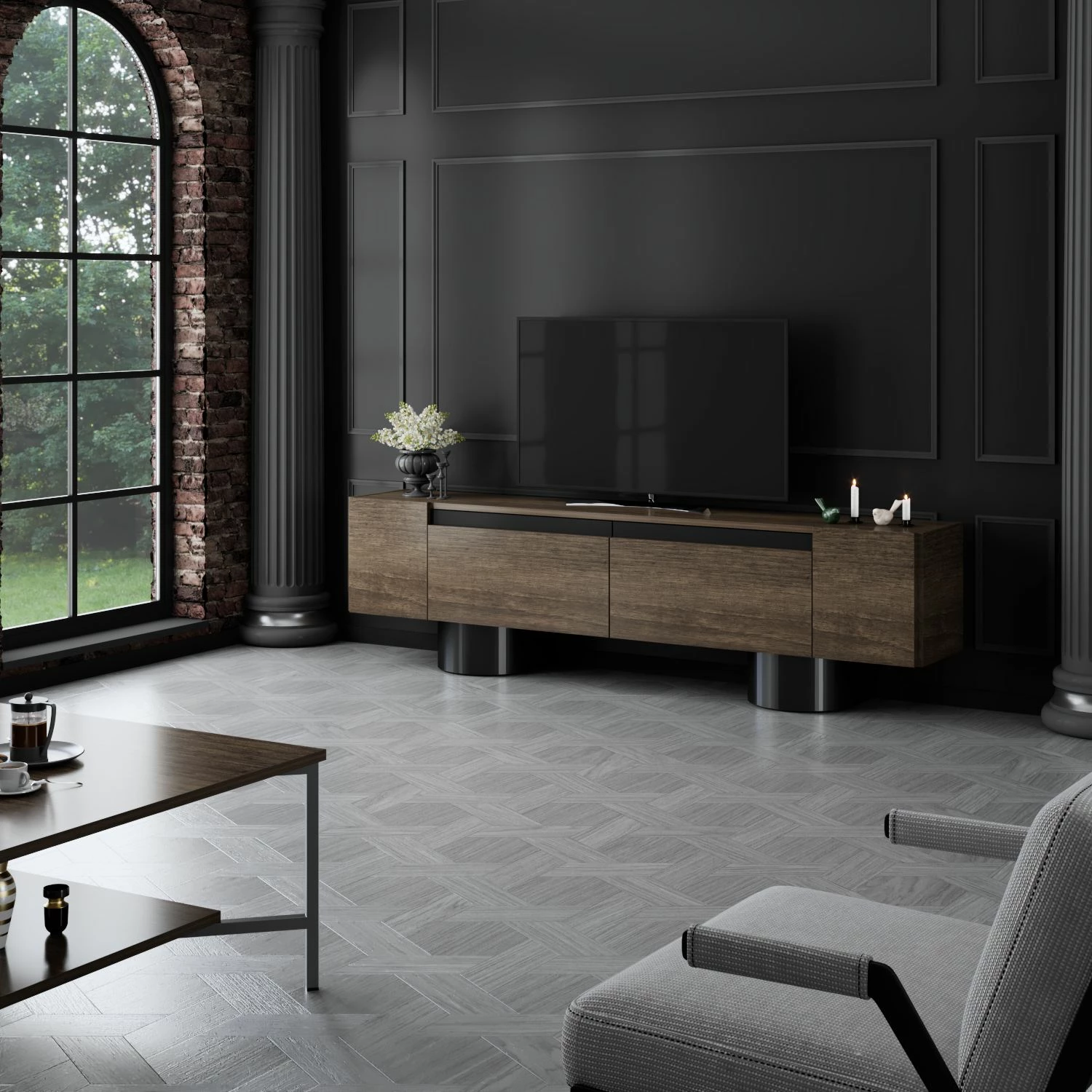 Komodë TV Skye Decor, bohem, ngjyrë arre dhe e zezë