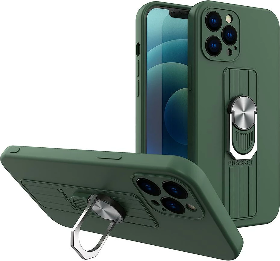 Mbështjellës silikoni Hurtel Ring Case me mbajtëse gishti dhe stand për Samsung Galaxy S21 Ultra 5G, e gjelbër e errët
