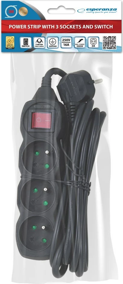 Shtrirës rryme Esperanza ELK211K, 3 porta, 3M, i zi