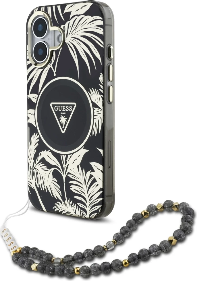 Mbështjellës Guess Palm Trees Triangle Pearl Strap MagSafe për iPhone 16, i zi