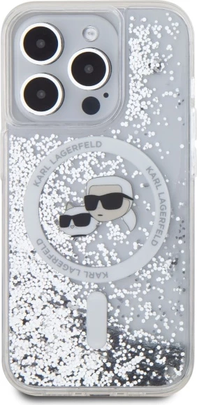 Mbështjellës Karl Lagerfeld Liquid Glitter Karl & Choupette Head MagSafe për iPhone 15 Pro, Transparent