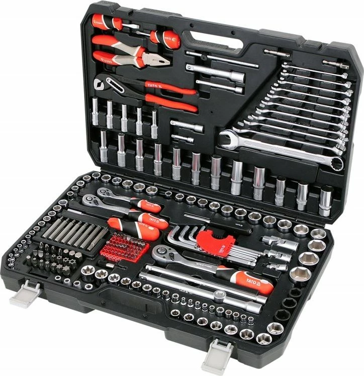 Set veglash Yato YT-38941 225 copë, 1/4\" 3/8\" 1/2\", në valixhe plastike, e zezë/kuqe