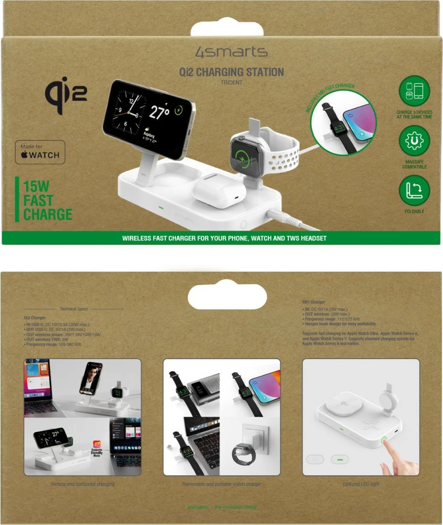 Mbushës wireless 4smarts Qi2, i brendshëm, 5 V, i bardhë