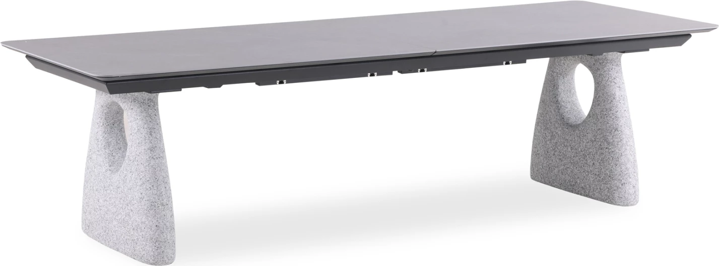 Tavolinë e madhe ngrënieje për jashtë, e zgjatshme, ngjyrë gri e errët, alumin & sipërfaqe prej guri të sinterizuar, 280-400x100x76.5cm